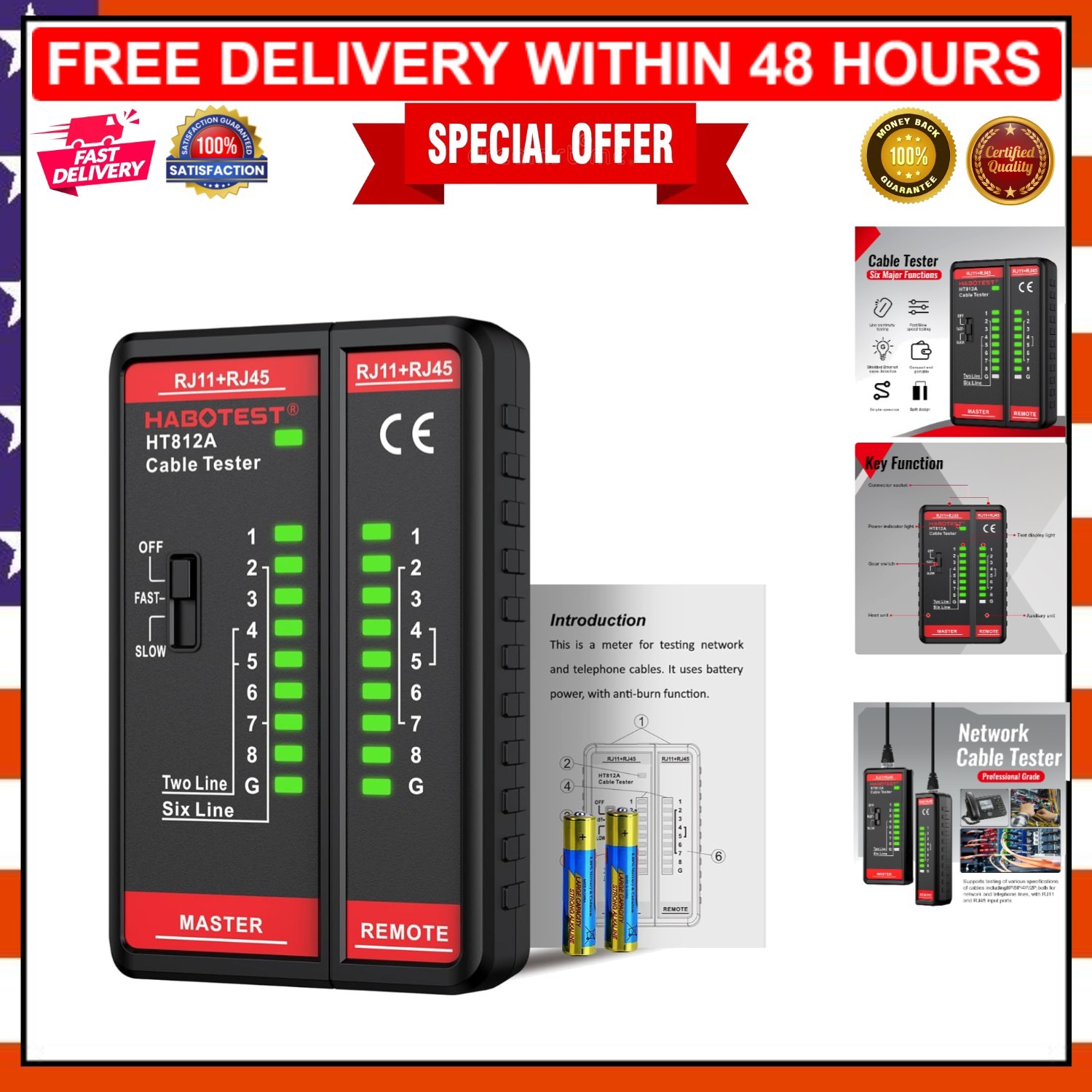 Professional Network Cable Tester with RJ45/RJ11 Ports - Lightweight & Portable