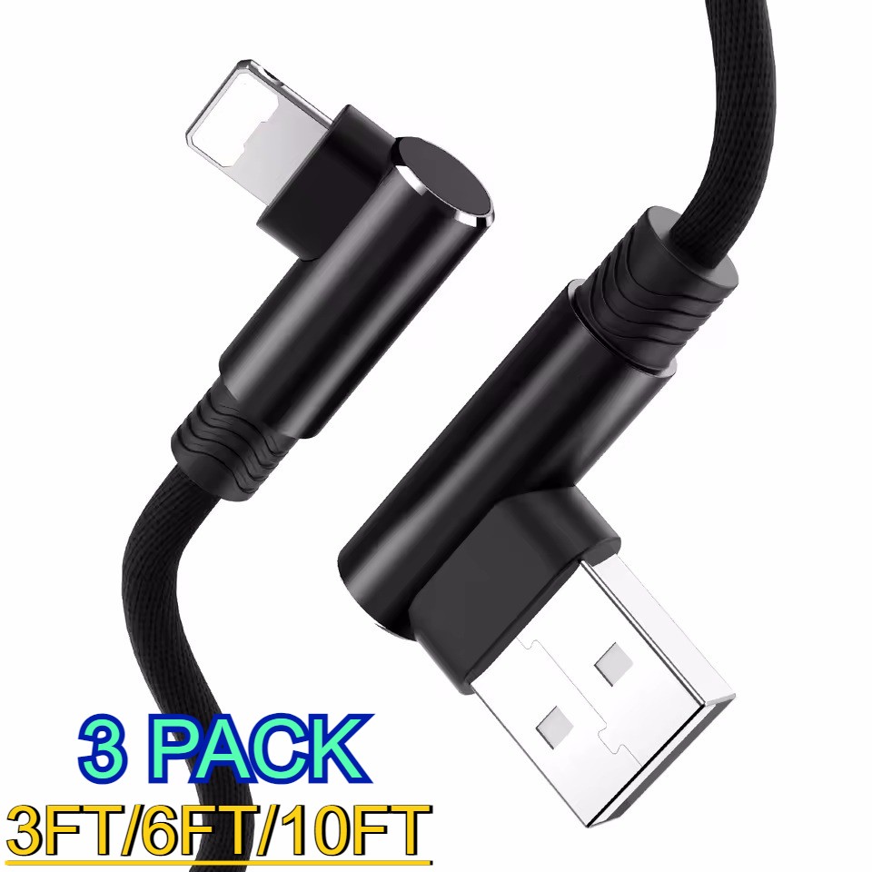 3 Pack 90 Degree Elbow USB Charger Cable For iPhone 14 13 12 11 XR Charging Cord