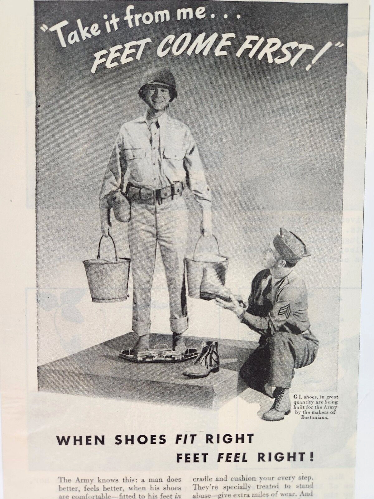 Bostonians GI Shoes WWII Soldier Mens Fashion Vintage 1/2 Page Magazine Print Ad