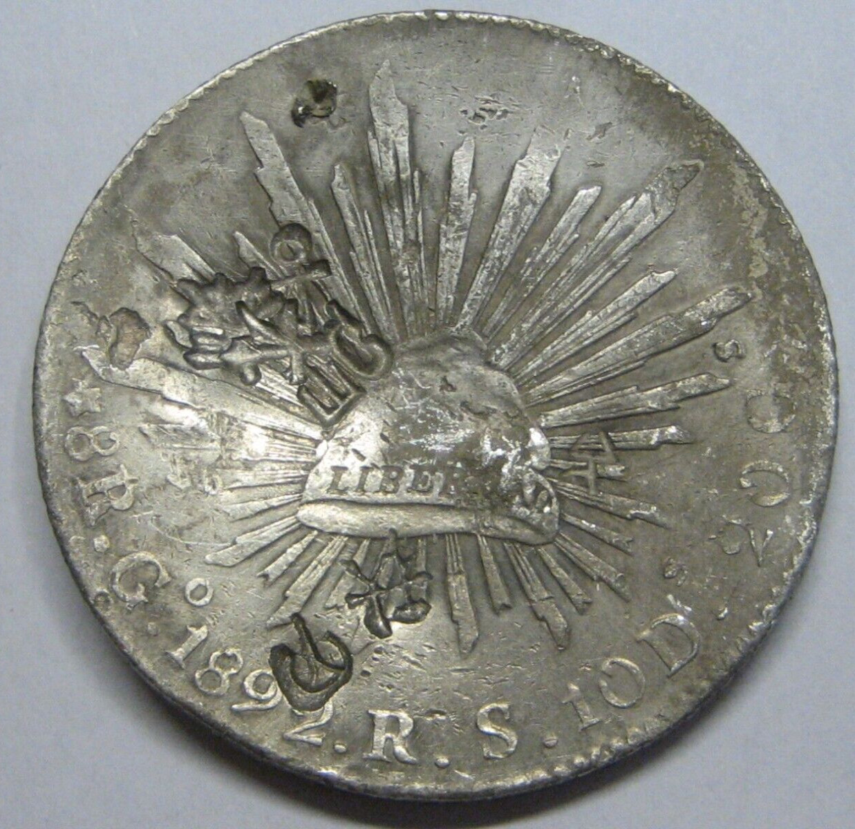 1892 GO GUANAJUATO 8 REALES MEXICO ASSAYER RS CHOPMARKED SILVER