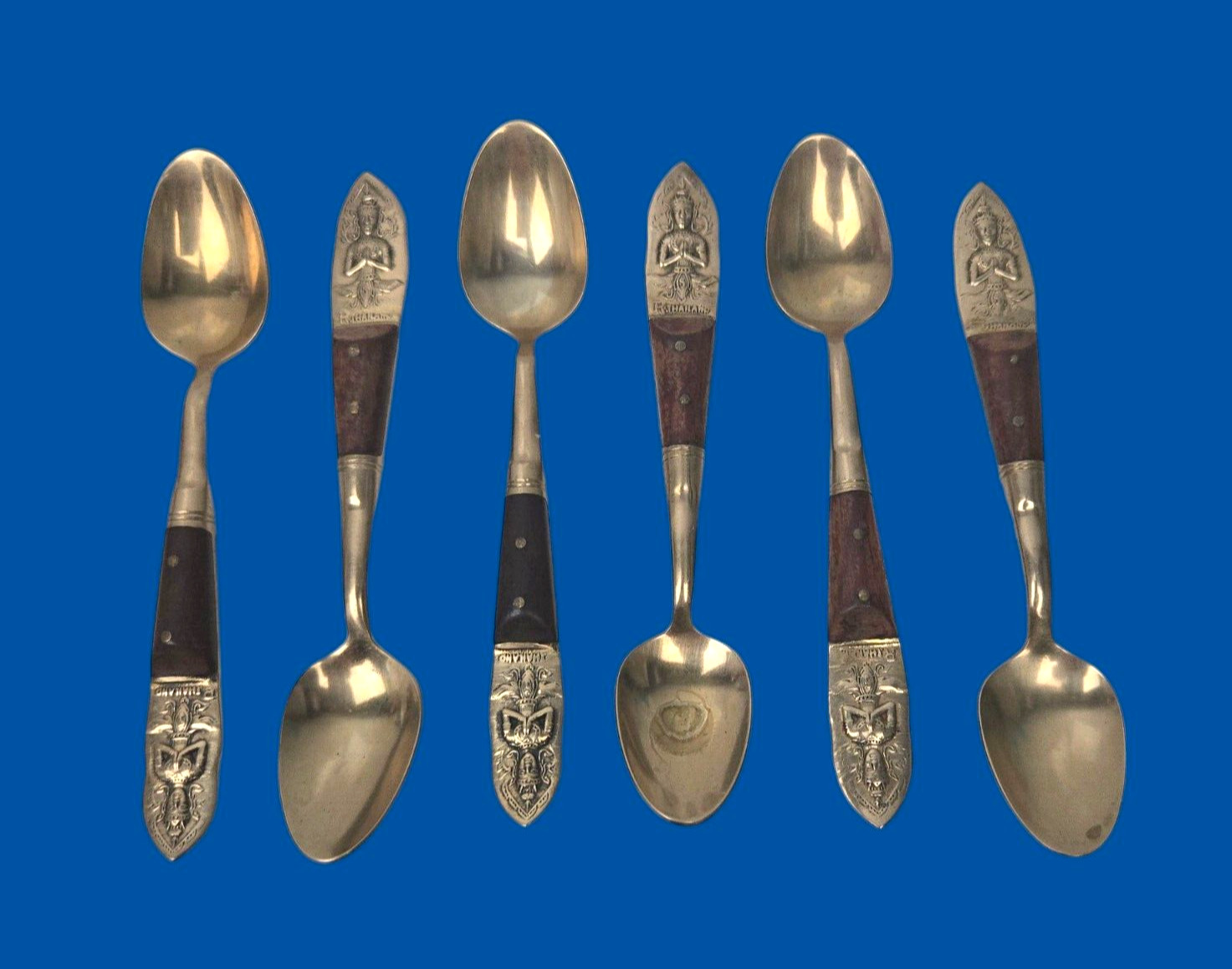 Vintage 6 Demitasse Spoons Buddha Bronze Rosewood Flatware Siam Thailand 4.25”