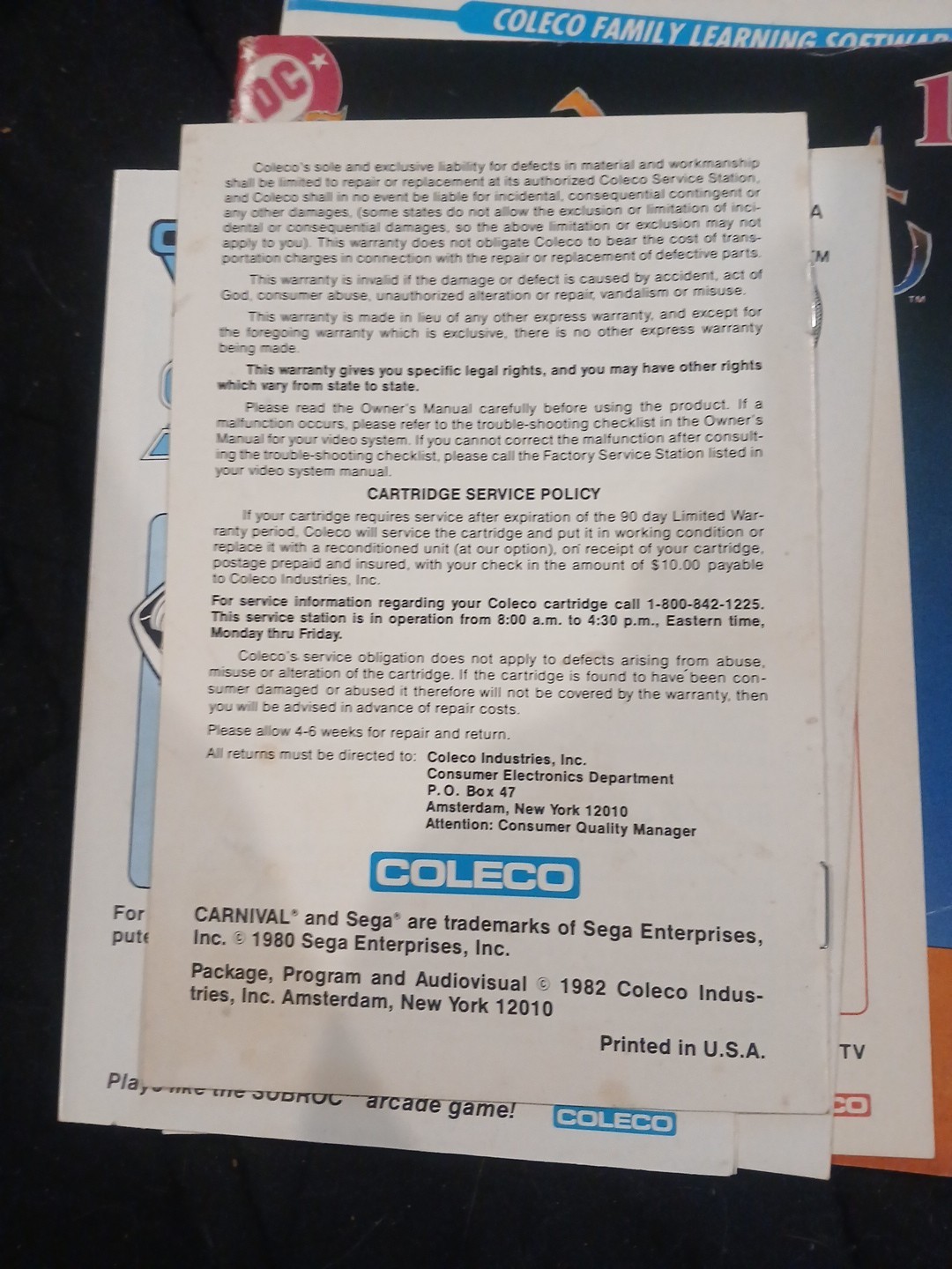 Carnival - ORIGINAL MANUAL ONLY - ColecoVision - Instructions Great Shape