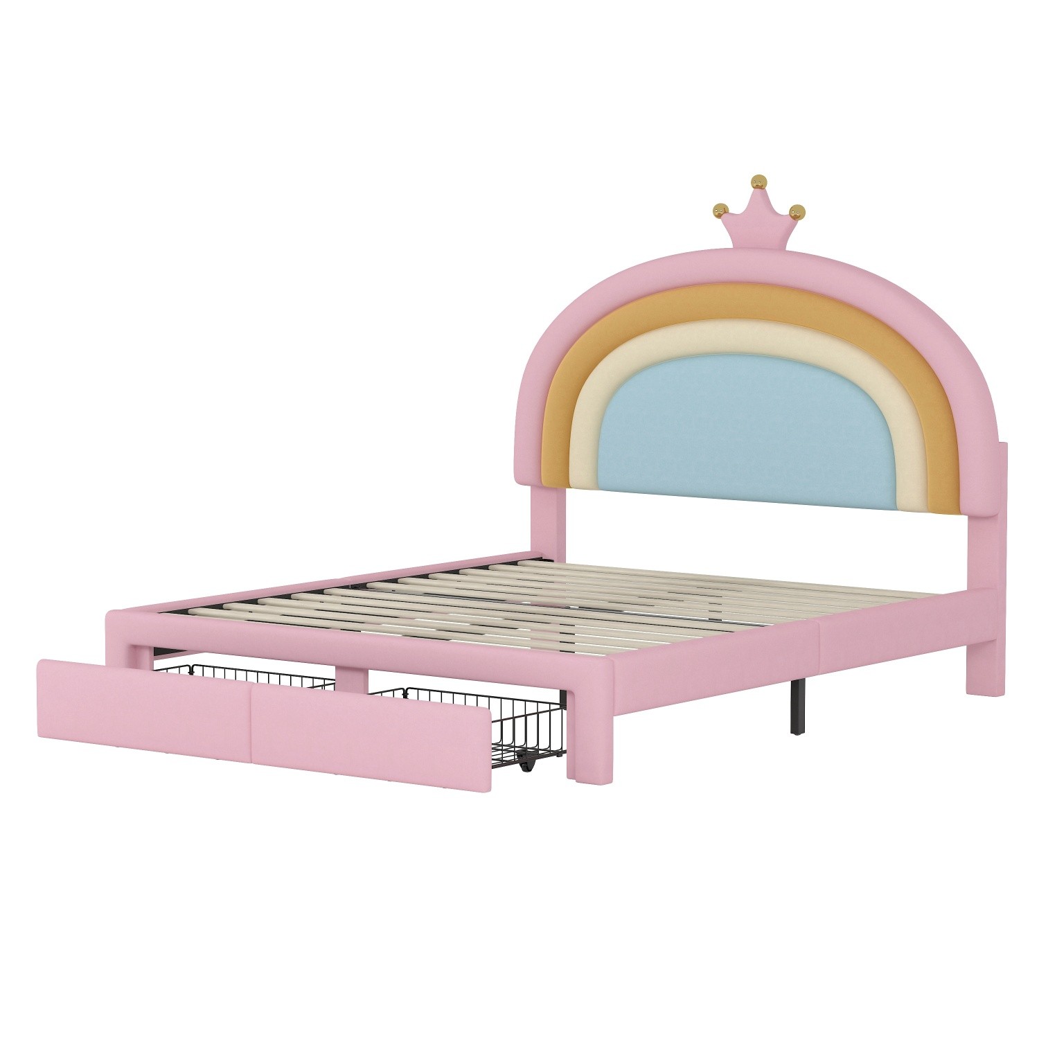 Full Size Velvet Upholstered Platform Bed Frame w/ Rainbow Headboard & 2 Drawer