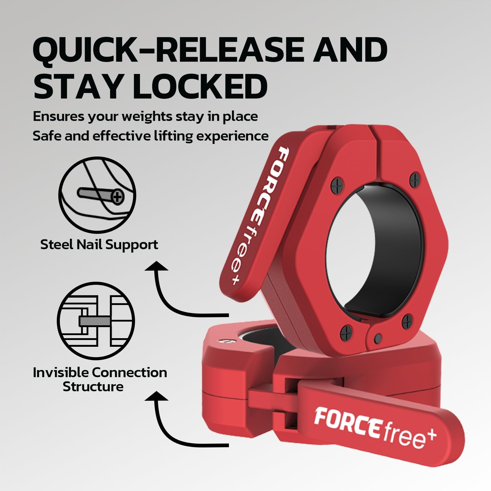 Forcefree+ Barbell Clips (Pair), Clamps, Quick Release Olympic Red