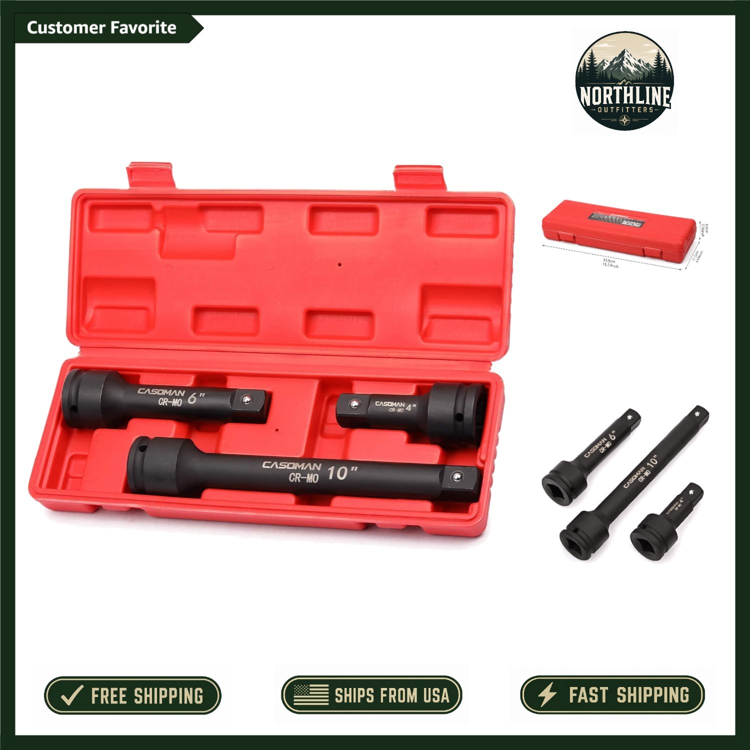 High-Performance 3-Piece Set of 3/4-Inch Drive Impact Extension Bars with Case
