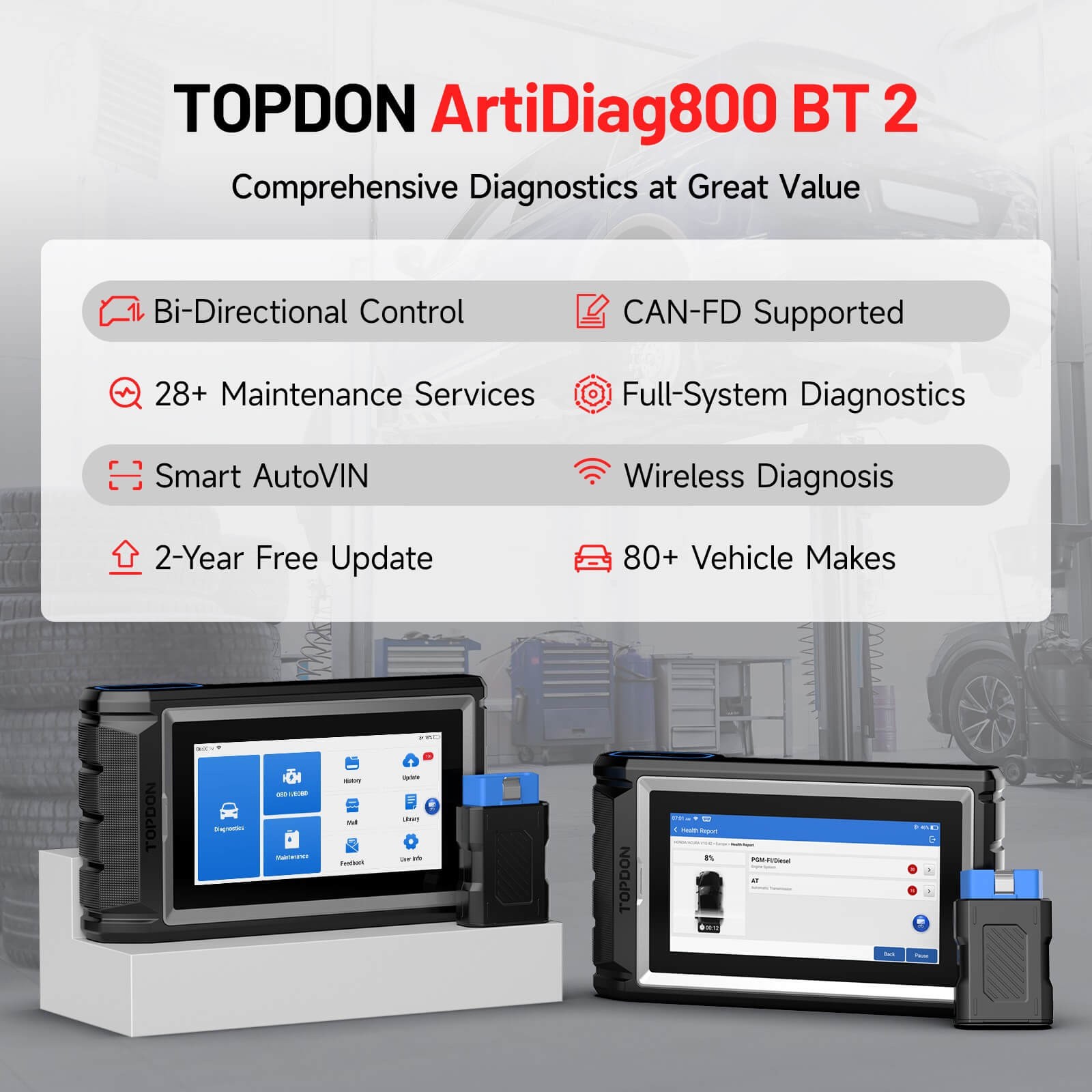 TOPDON AD800BT V2.0 Bidirectional Scan Tool 28+ Services