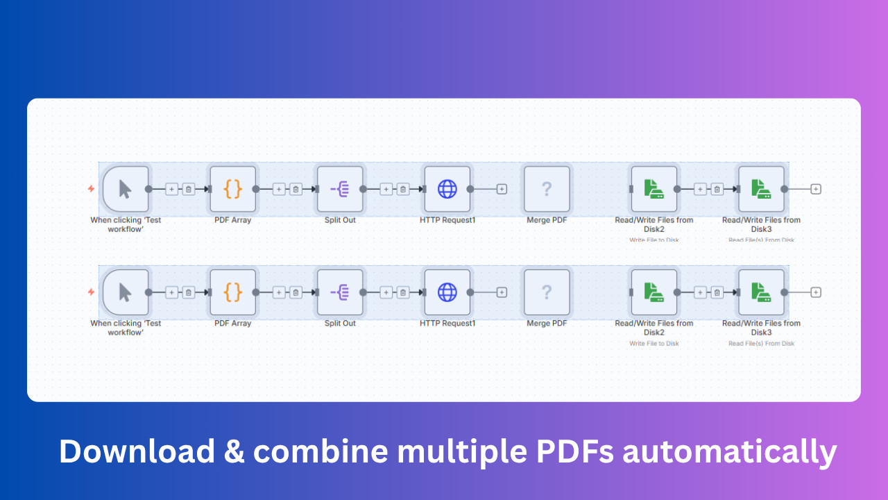 Merge PDFs from URLs AI Automation Workflows for n8n | JSON Templates