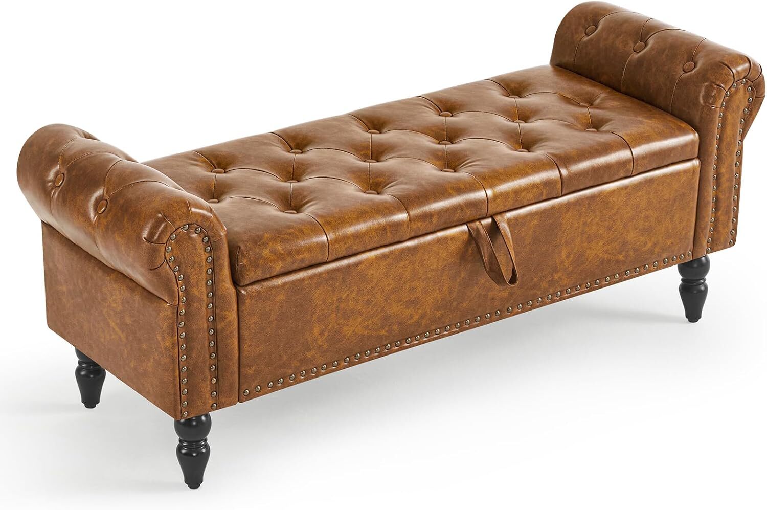 Furniliving Storage Ottoman Bench - Leather Ottoman with Solid Wood Legs