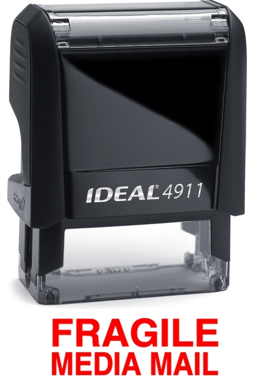 FRAGILE MEDIA MAIL stamp text on IDEAL 4911 Self-inking Rubber Stamp, RED INK