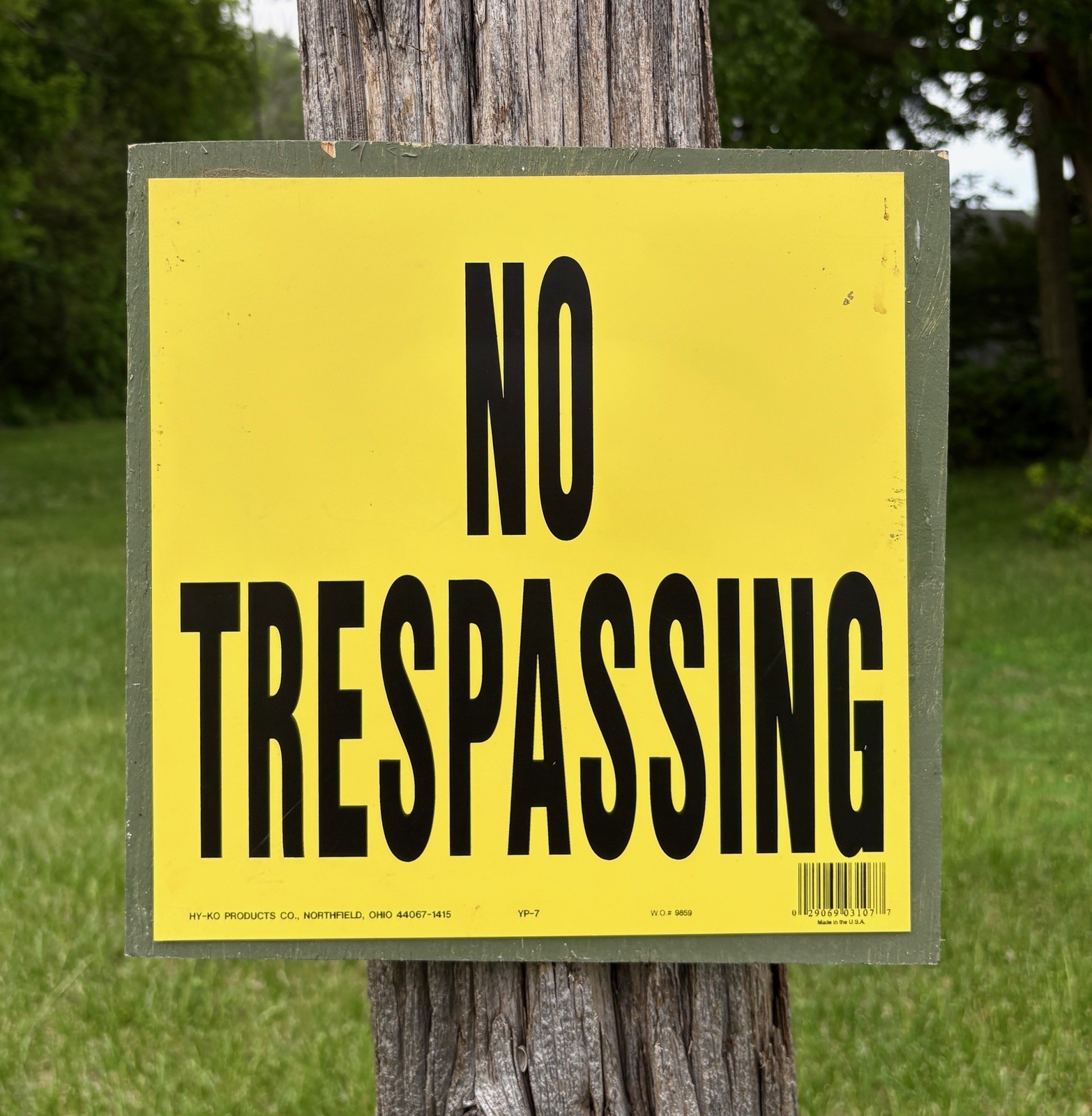Vtg 12x12" No Trespassing Sign - Yellow Hy-Co Warning Sign on 1/2" Wood Board