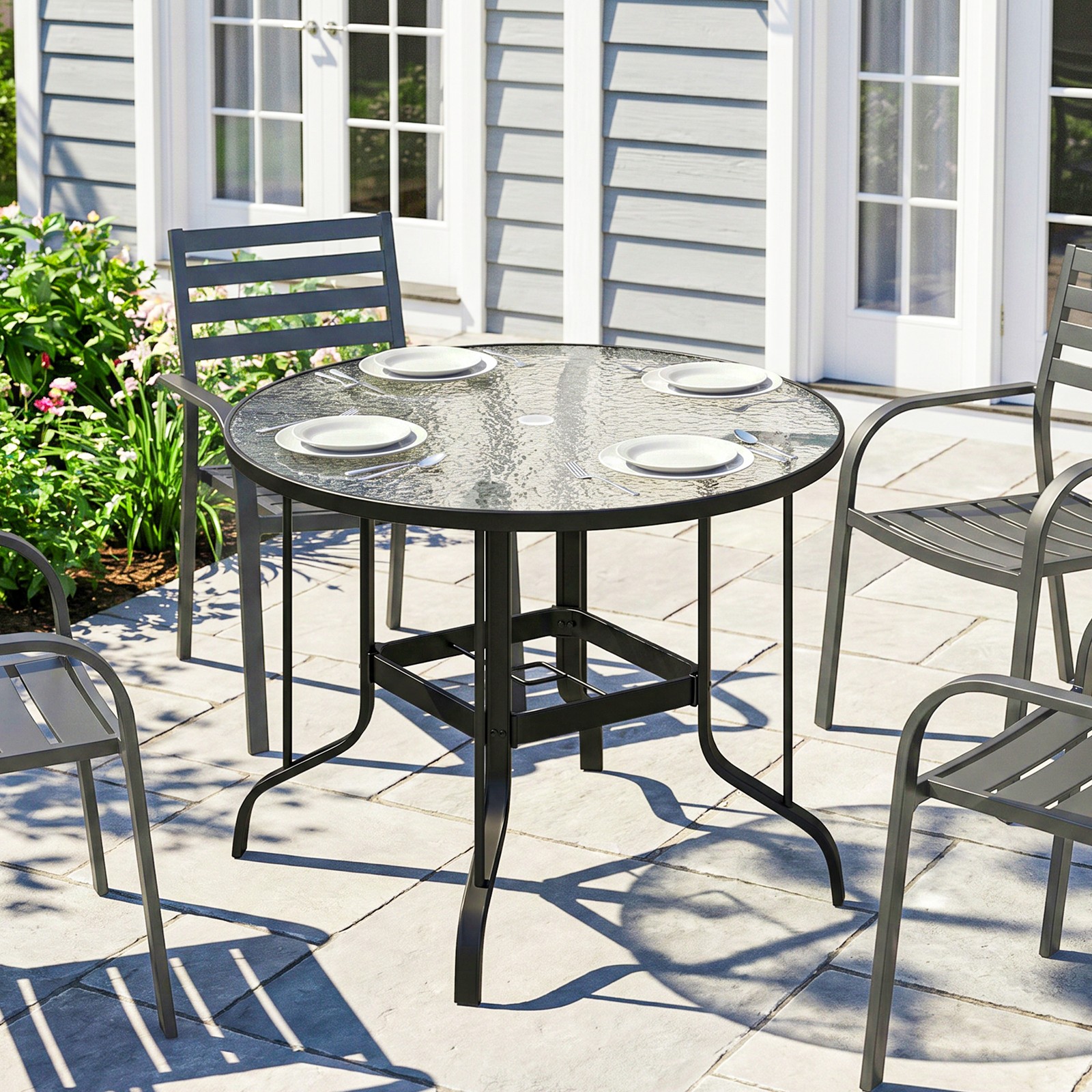 Outsunny 38" Round Patio Table, Tempered Glass Outdoor Dining Table, Black
