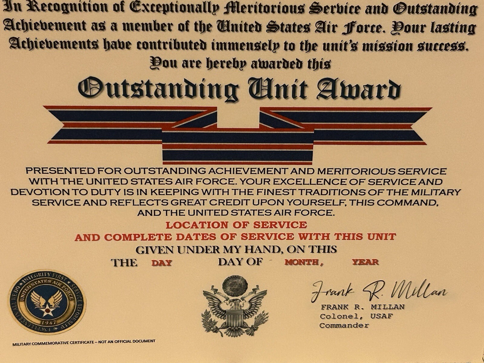 U.S. AIR FORCE / THIRTEENTH AIR FORCE - OUTSTANDING UNIT AWARD CERTIFICATE