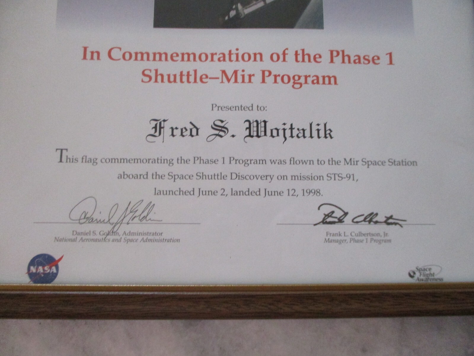1998 NASA SPACE SHUTTLE PHASE 1 SHUTTLE-MIR PROGRAM CERTIFICATE STS91 FLOWN FLAG