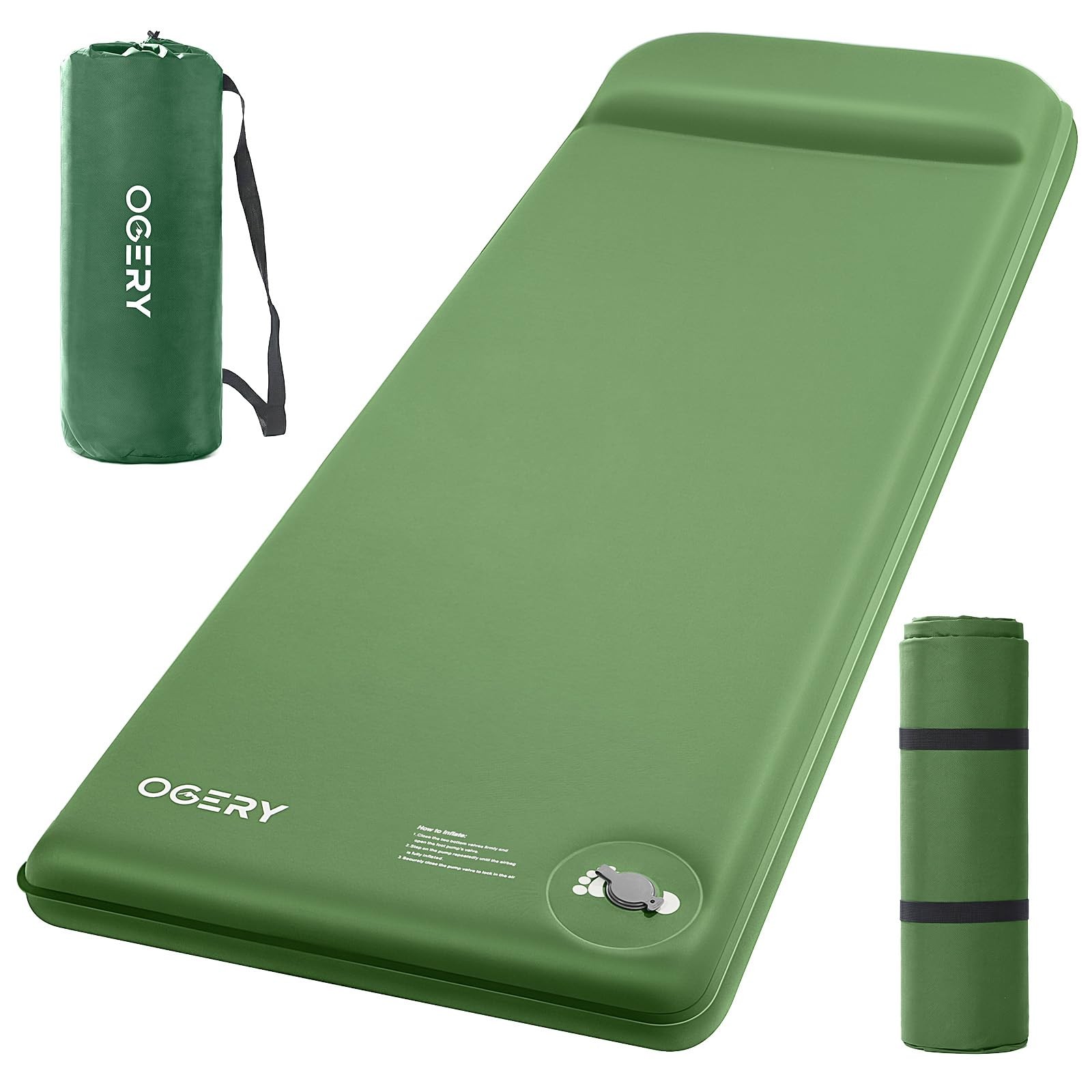 OGERY Self-Inflating Sleeping Pad with Built-in Foot Pump, 3" Single, Green
