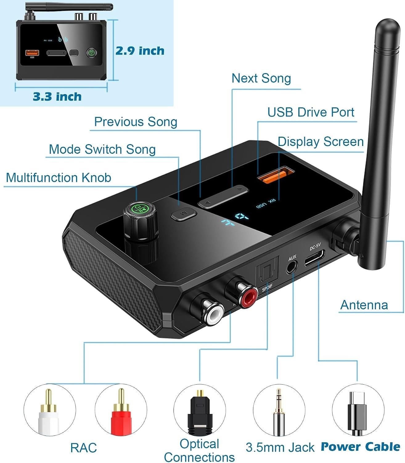 Bluetooth 5.4 Receiver, Optical, RCA, AUX, USB, LCD Screen, Home Stereo Adapter
