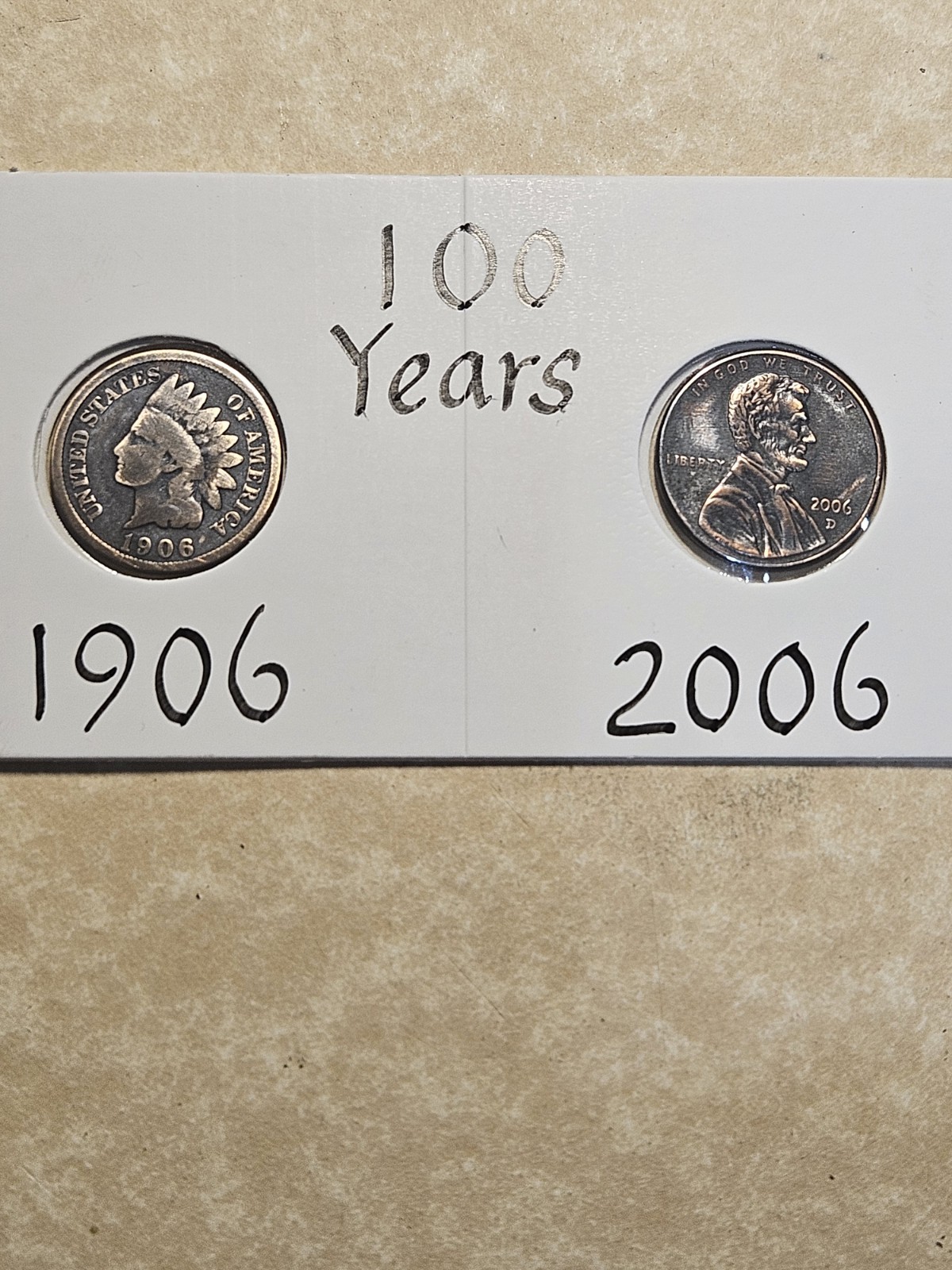 1906 Indian Head & 2006 Lincoln cent(100 yrs)BLK Toned-(Vintage toned)-see pics
