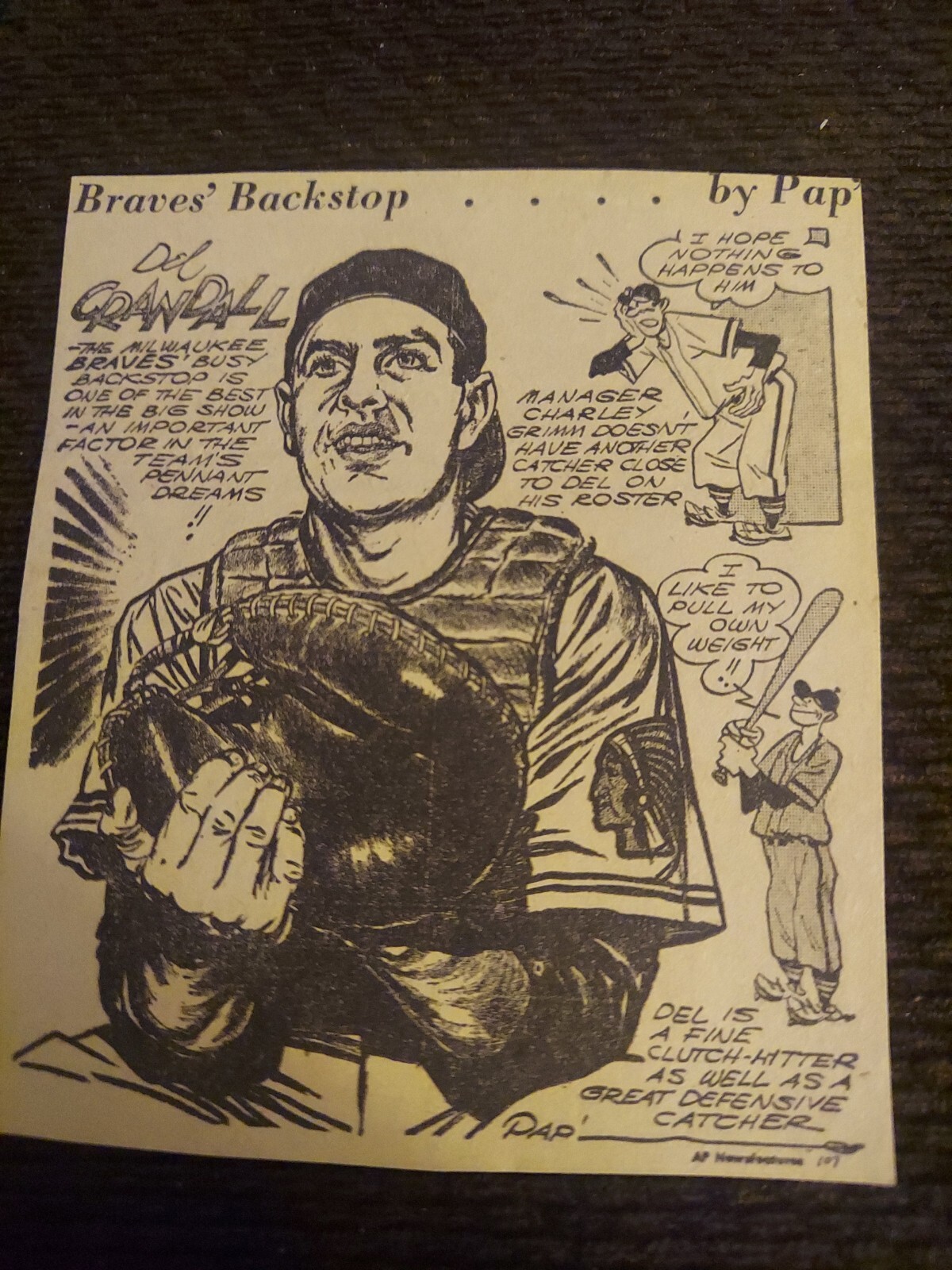 Del Crandall Braves Vintage Comic Sport Drawing Newspaper Clipping  Pap