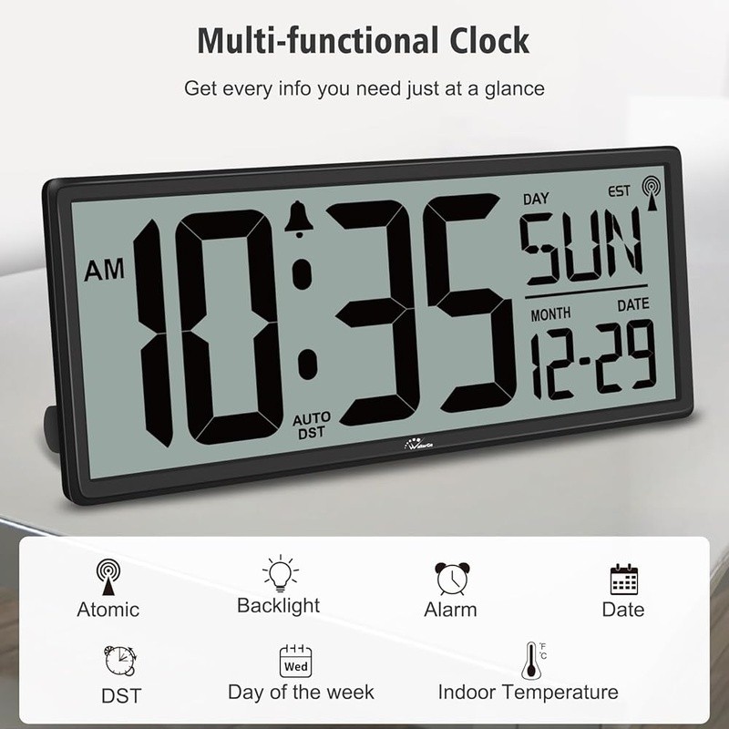 Atomic Digital Clock Battery Operated Backlight Indoor Temp Date Day Display New