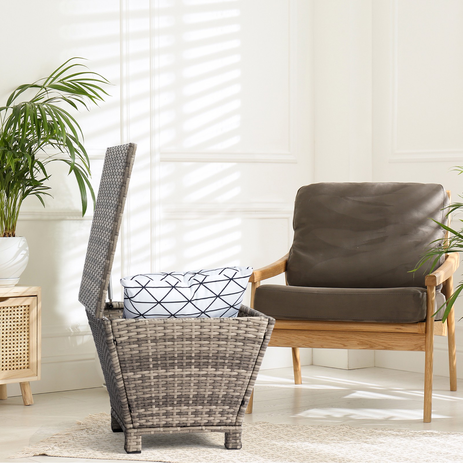 Outdoor PE Wicker Side Table with Storage, Small Patio Storage Bin Container