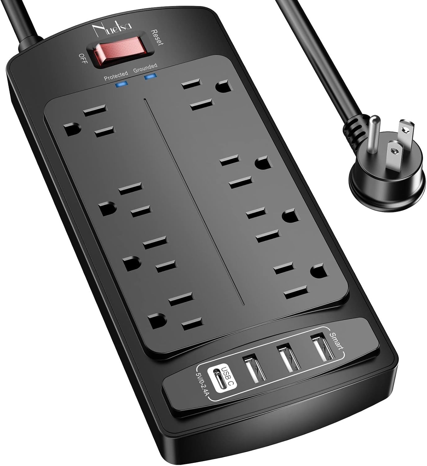 Flat Plug Extension Cord with 8 Outlets and 4 USB Ports, 6 Feet Power Cord, 2700