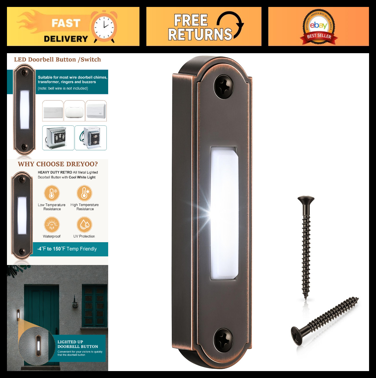 Heavy Duty Metal Wired Doorbell Button with LED Light - Wall Mounted Switch for