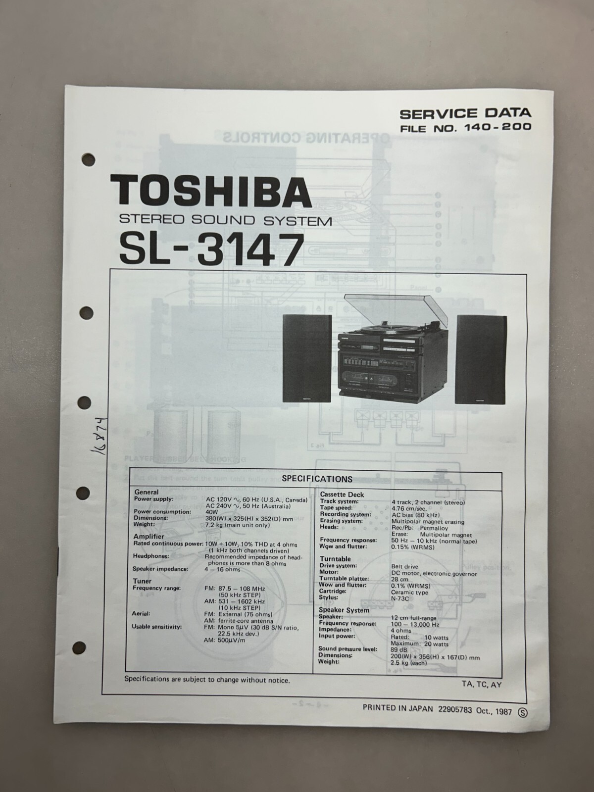 Toshiba SL-3147 Original Service Manual Free Shipping