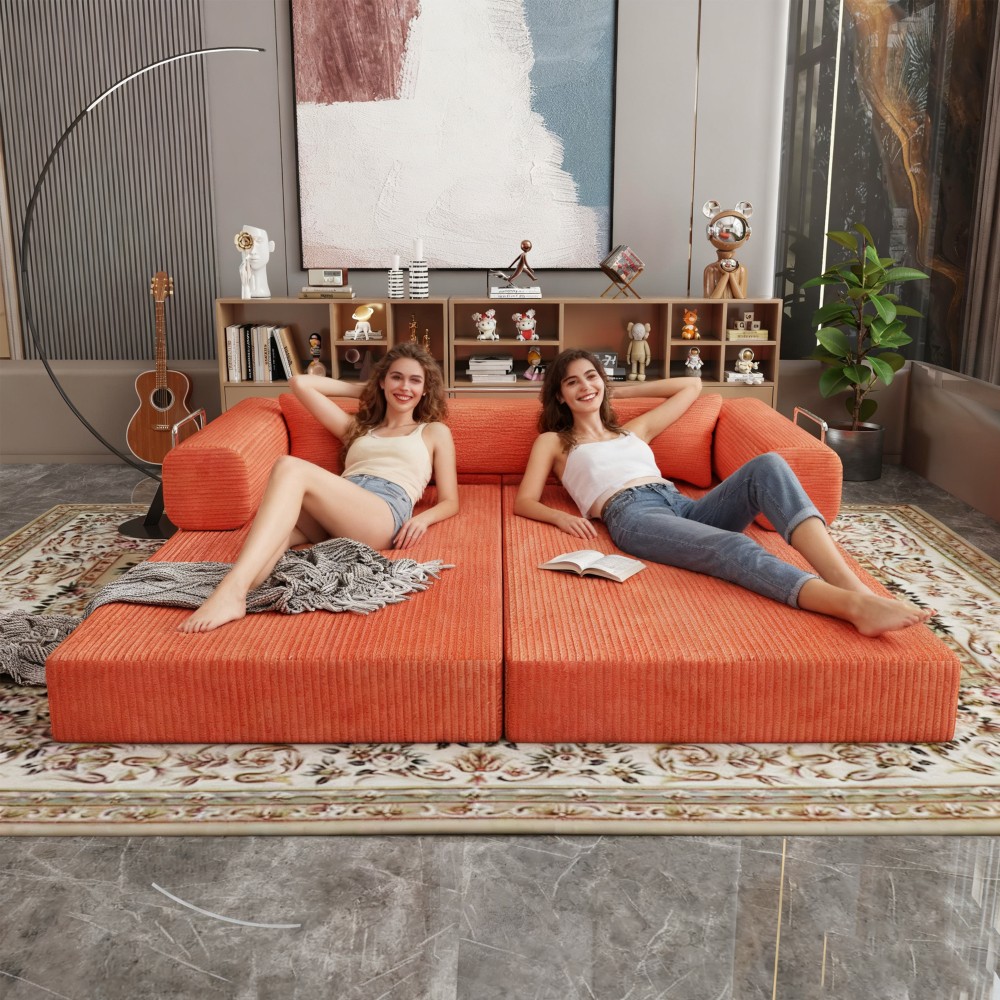 Sleeper Sofa Bed 2-Seater Convertible Couch Corduroy Foam Orange