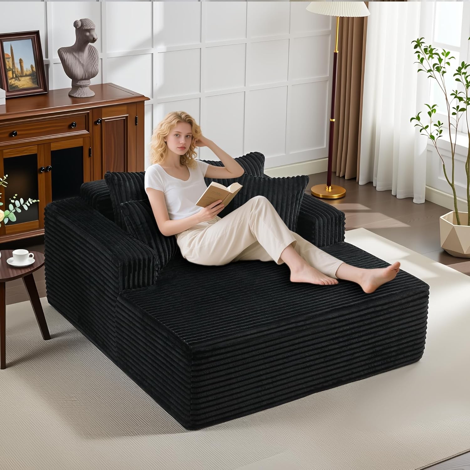 Oversized Corduroy Chaise Lounge, Deep Seat Sofa w/Pillows, No Assembly