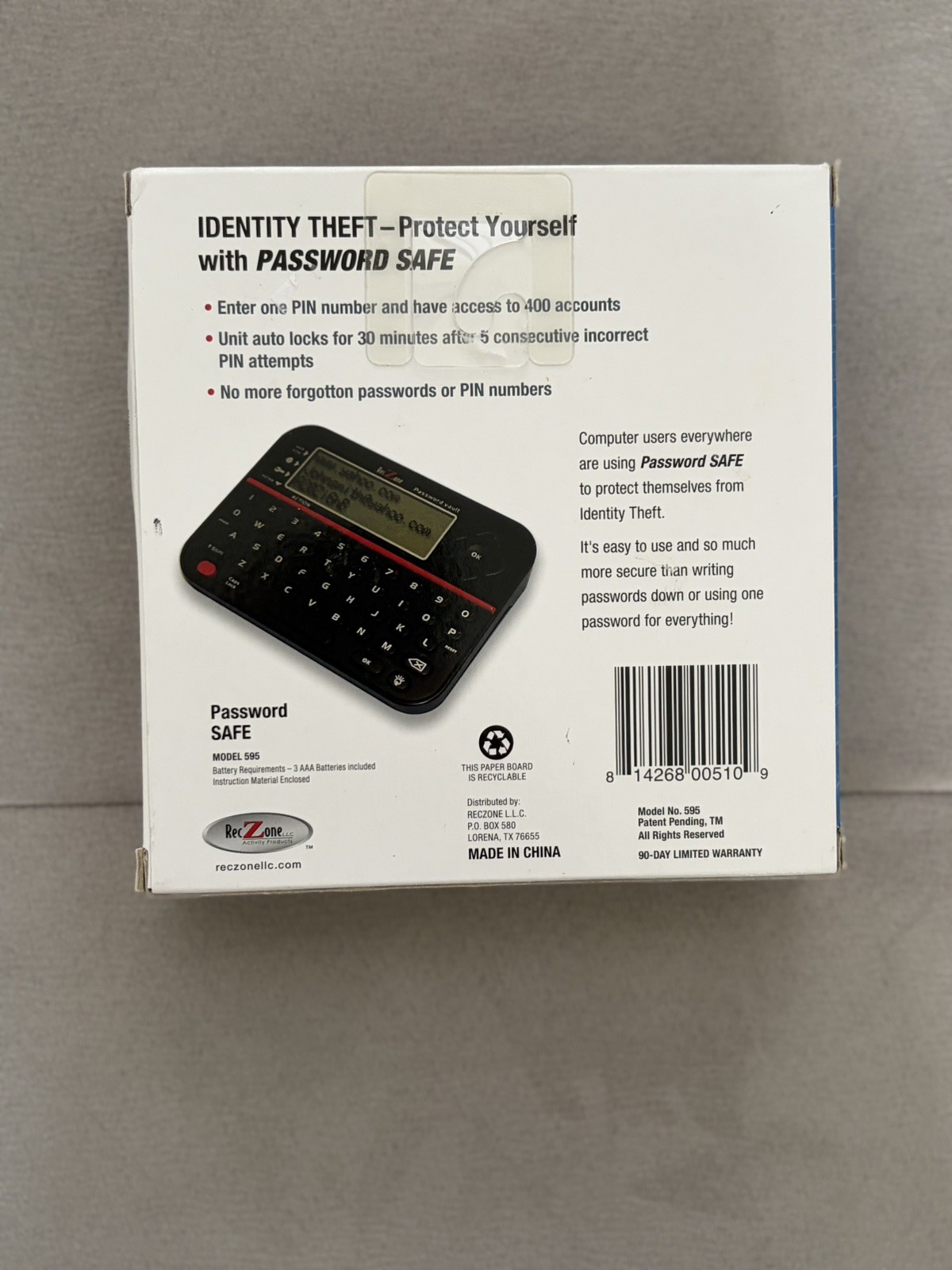 RecZone Password Safe Protect from identity theft Model 595