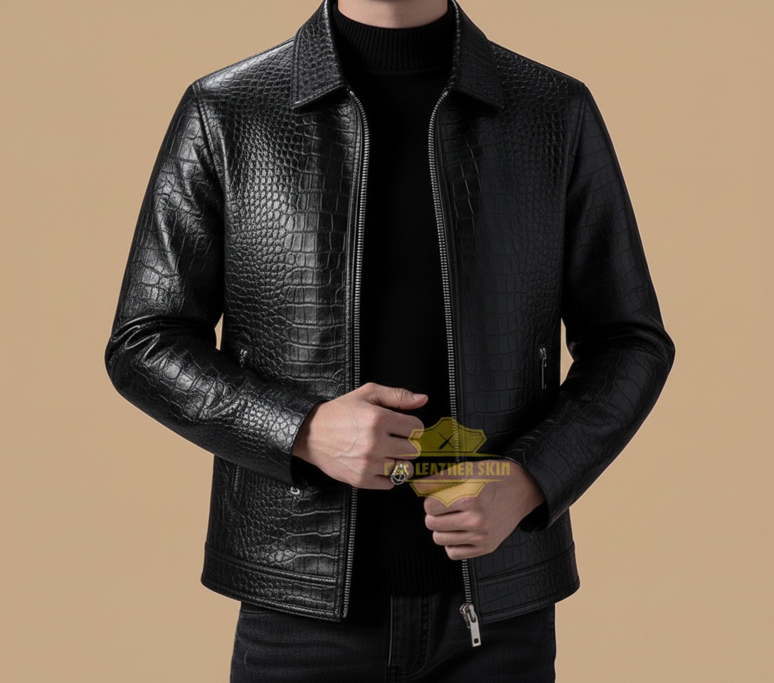 Men's Leather Jacket Burgundy Crocodile Pattern Real Luxury Leather Jacket Coat