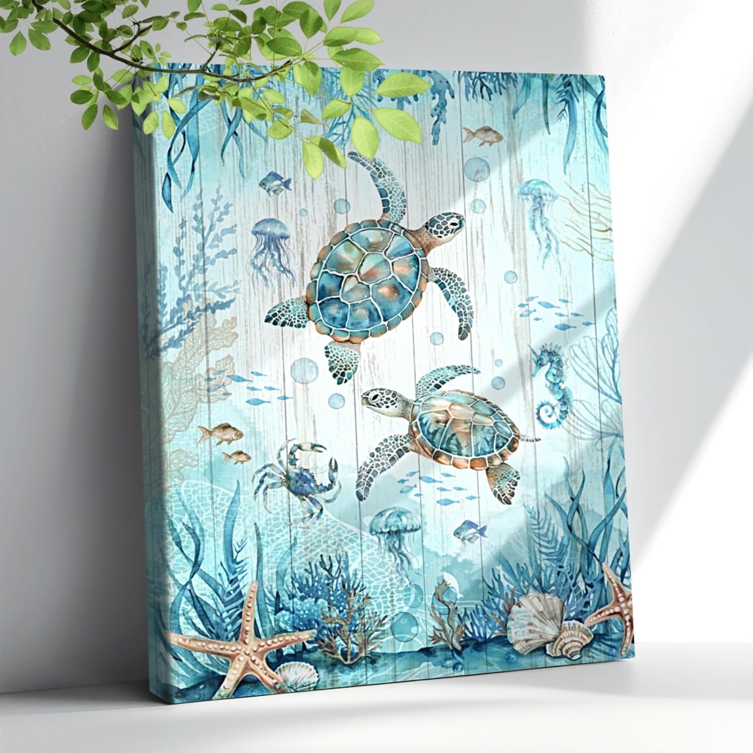 Nautical Beach Sea Turtle Bathroom Decor Wall Art 12"L x 16"W, 2