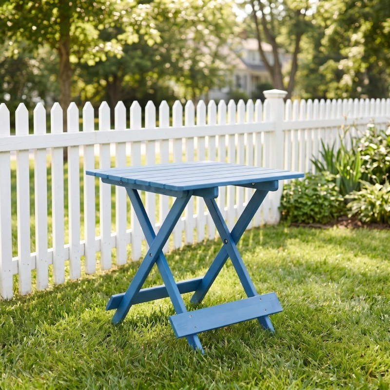 Folding Square Solid Wood Patio Table Blue Portable Space-Saving for Backyard