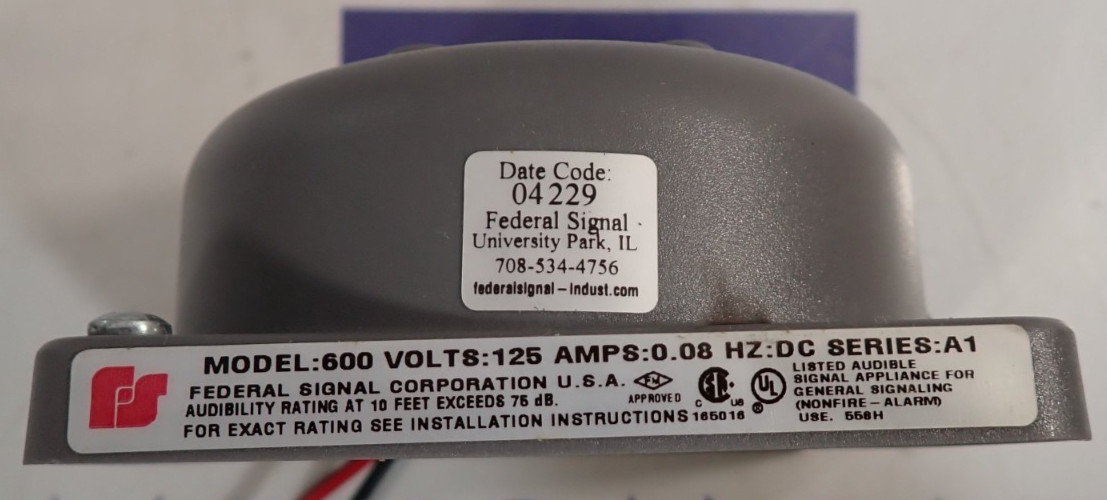 Federal Signal Corporation Vibratone Bell Model: 600 125V 0.08Hz:DC Series: A1