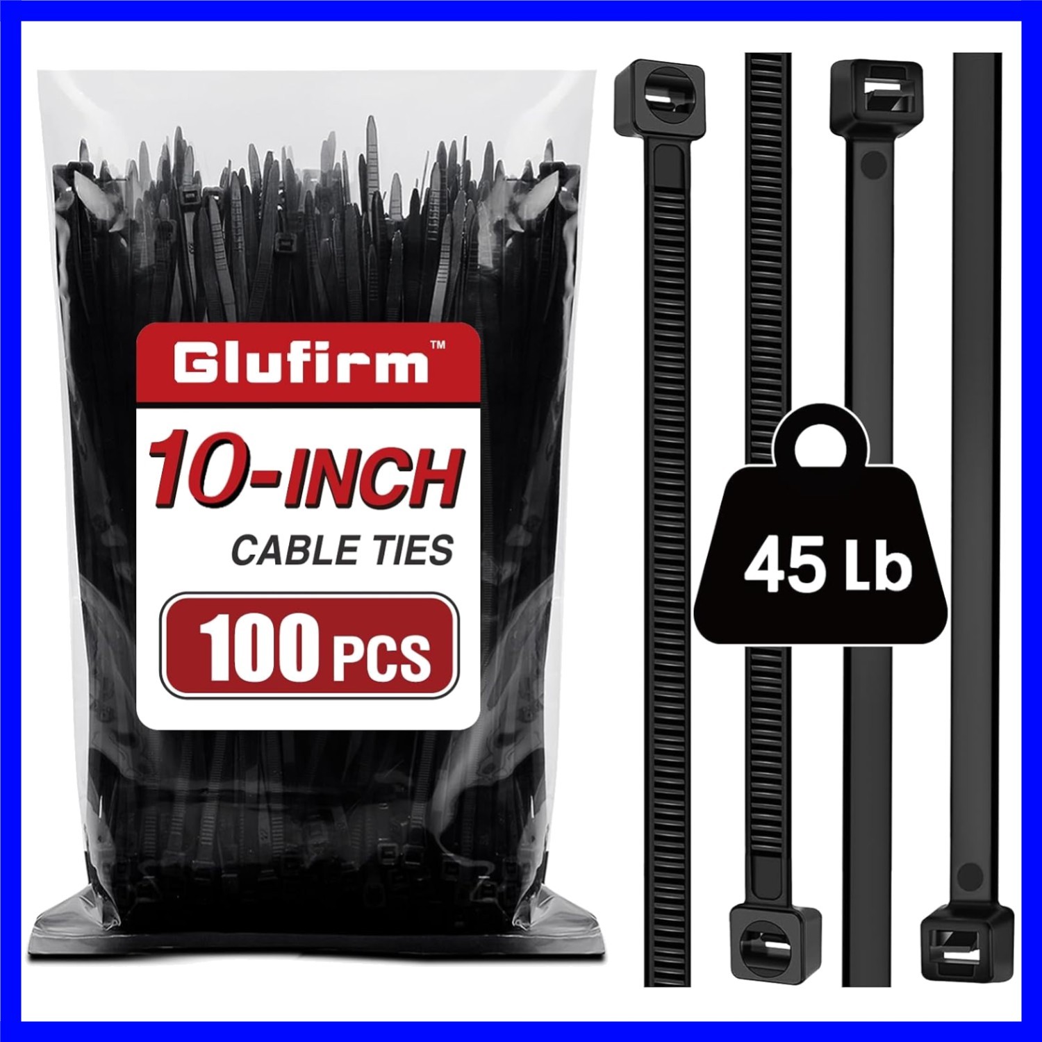 Zip Ties 10 inch 100 Pack, Black Cable Ties, 45lb Tensile Strength, Wire Ties,