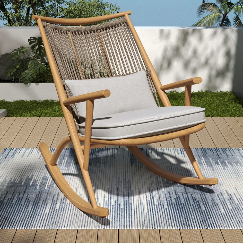 Set of 2 Iron Rocking Chairs with Maple Finish Ceramic Tile Side Table Set