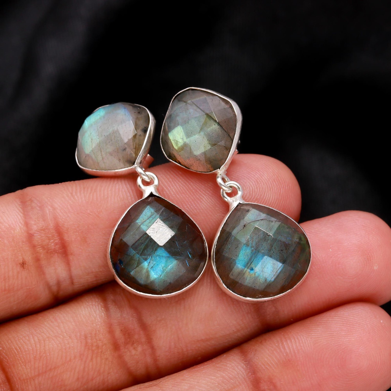 Labradorite Gemstone Stud Earring Dangle 925 Sterling Silver Jewelry For Women