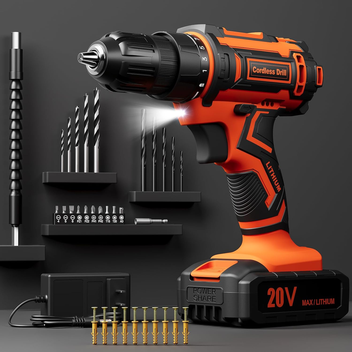 Cordless Drill Set,  20V Power Drill with Power Pack 2.0Ah and Charger, 3/8-Inch