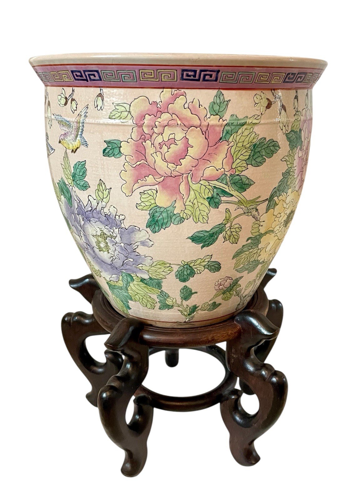 Large Vintage Hand-paint Chinese Floral & Koi Planter With Wood Base 16x14.5”H