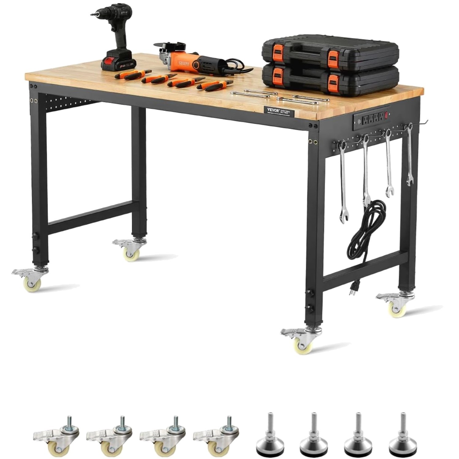 Adjustable Oak Workbench, 2000lb Load, Power Outlet, Wheels