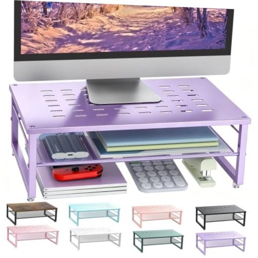 2-Tier Metal Monitor Stand Riser, Office Desk Storage Organizer for Purple