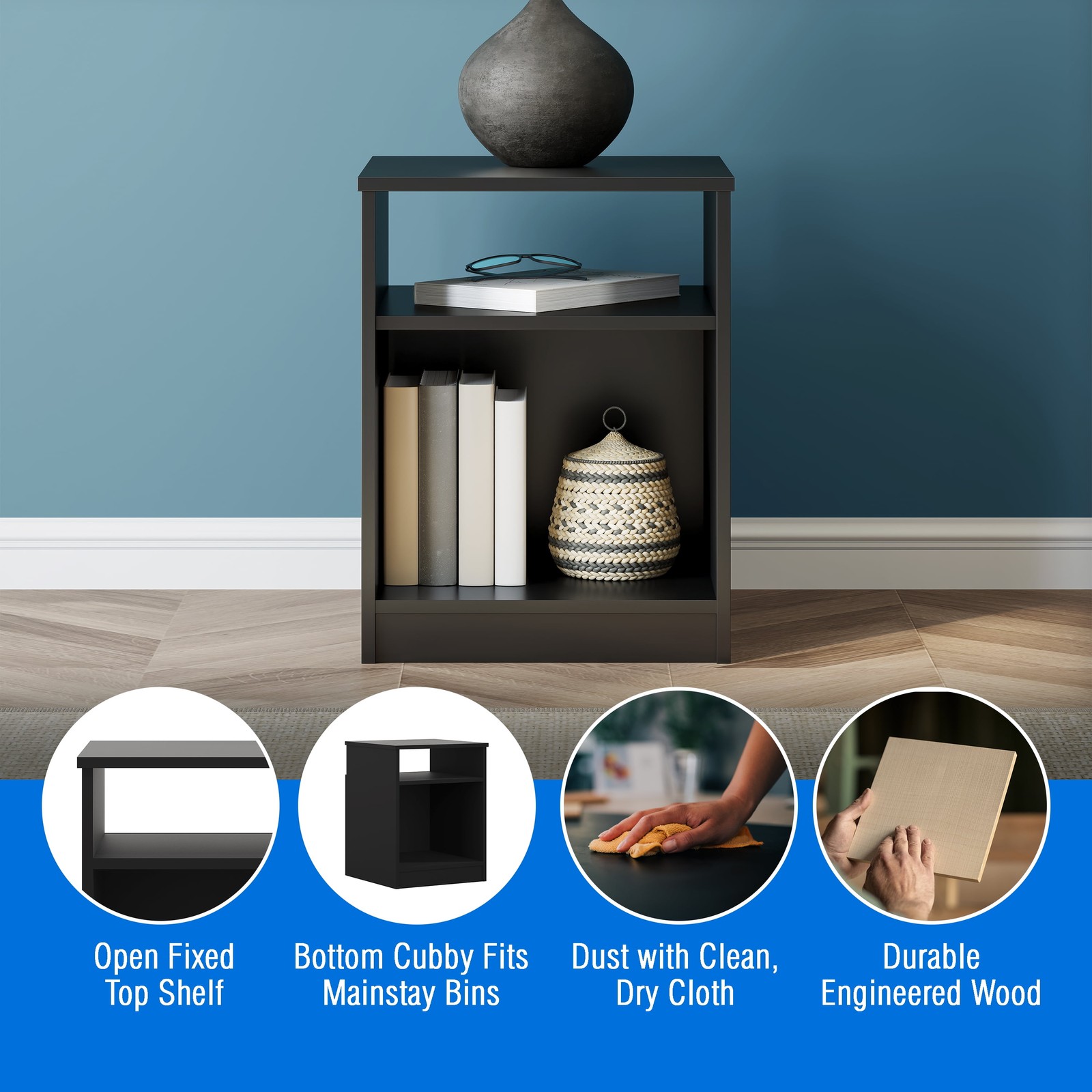Open Shelf Nightstand End Side Table Black
