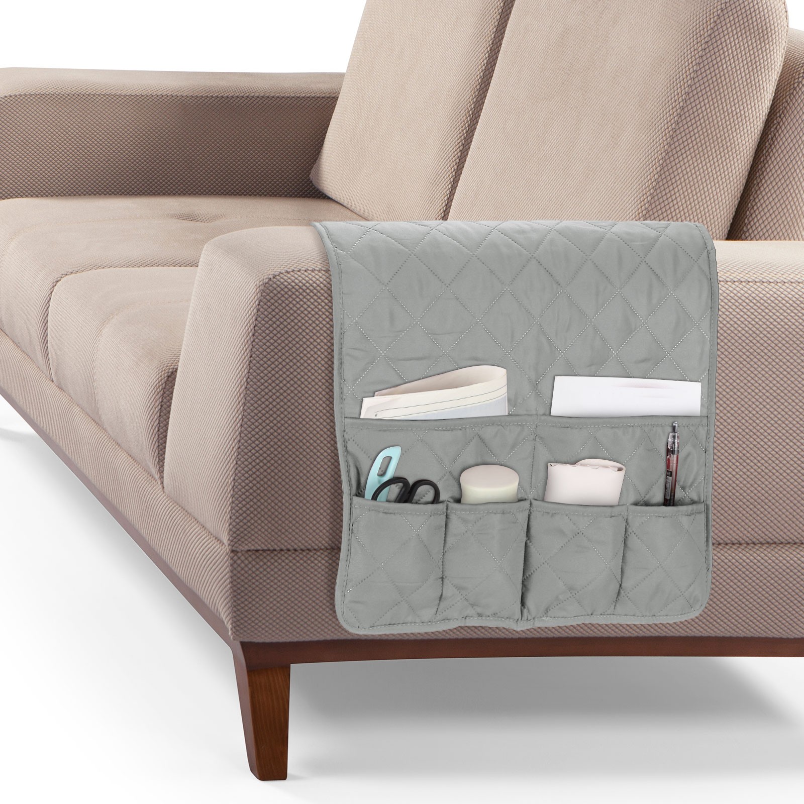 Couch Sofa Armrest Organizer Non-Slip Remote Control Organizer, Plaid Gray