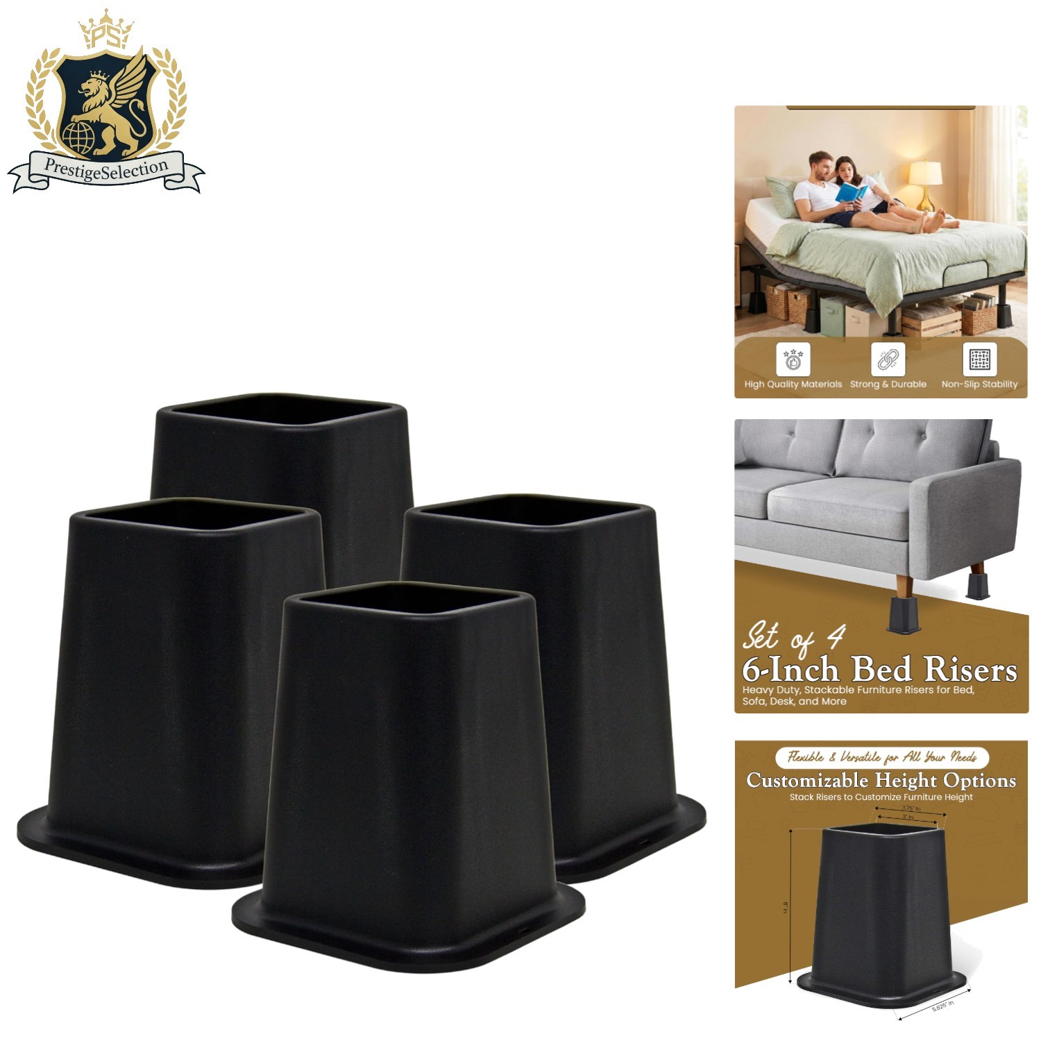 Durable Black Furniture Risers - 6-Inch Set of 4 for Extra Stability & Storage