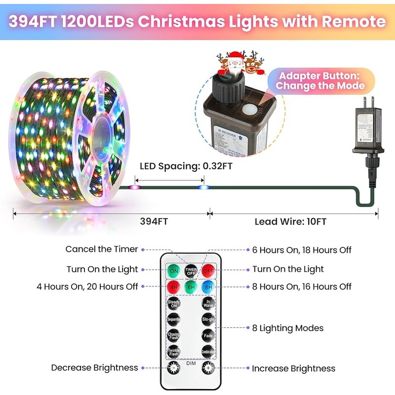 394FT LED Fairy String Lights 1200 Multicolor 8 Modes Remote Waterproof Timer US