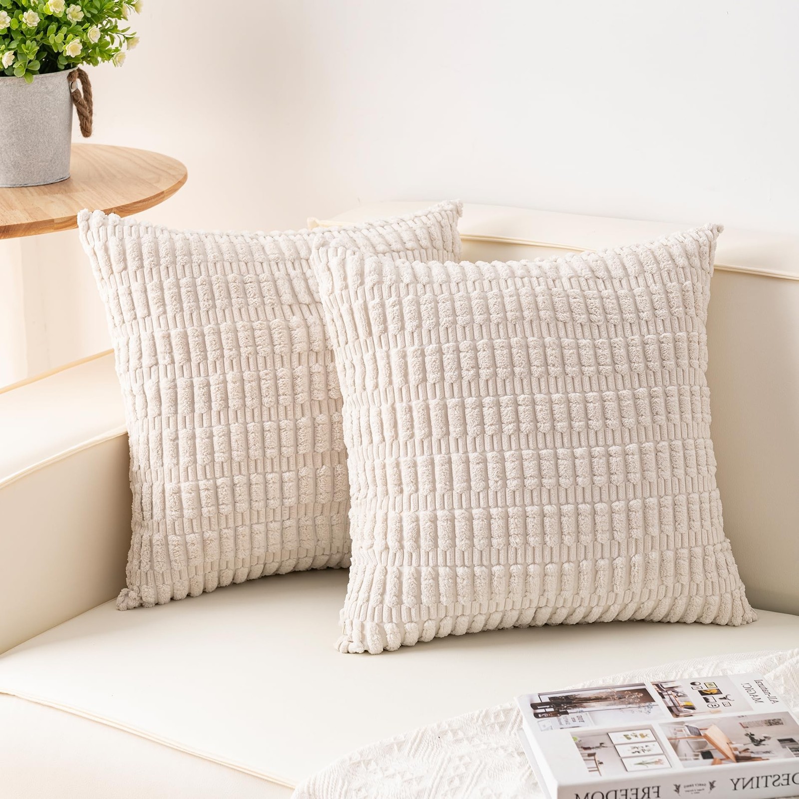 Aegero Pack of 2 Corduroy Decorative Throw Pillow Covers 18x18 Inch Soft Stri...