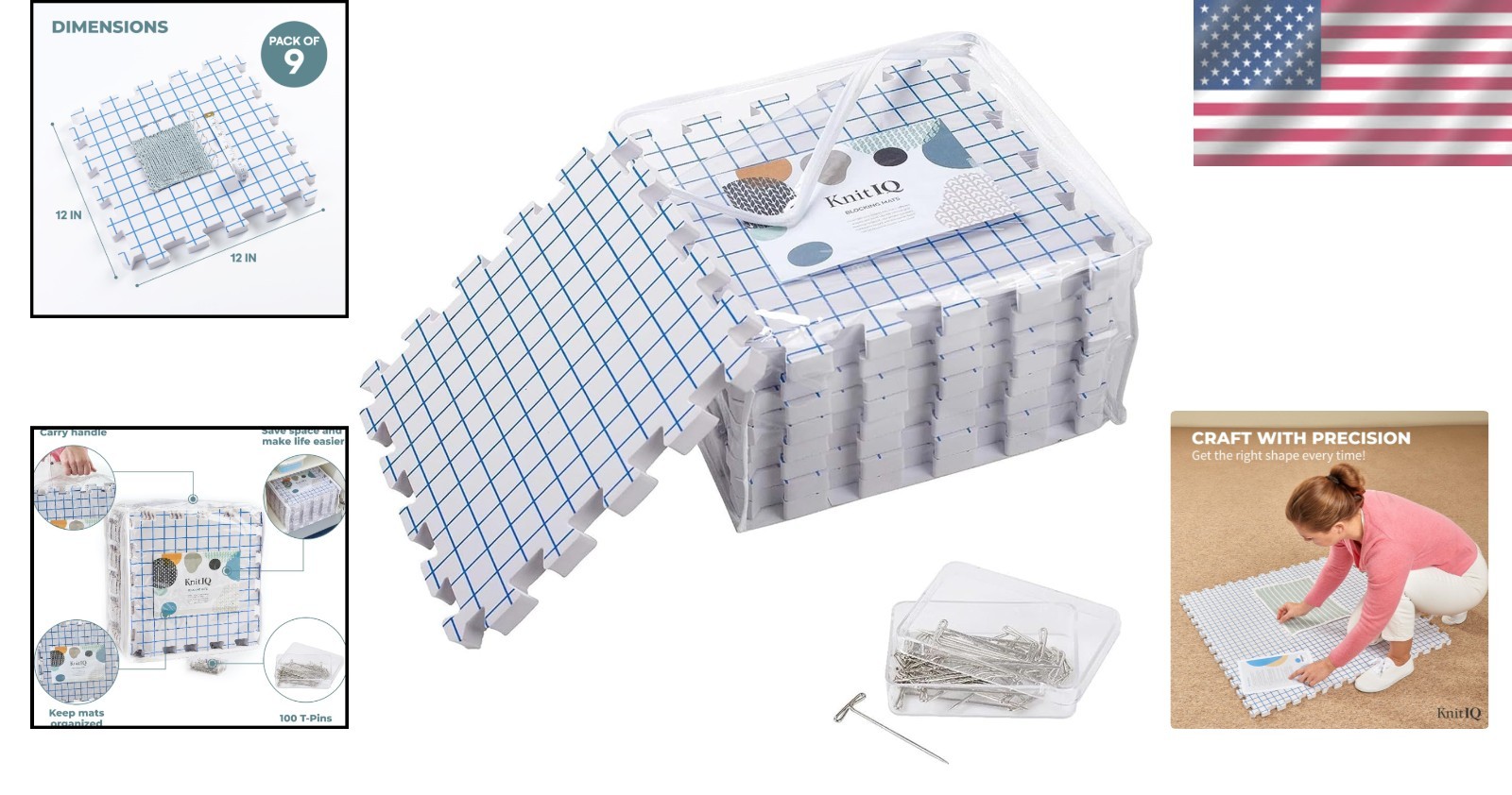 Knitting Blocking Mat Set - Gridlines, T-Pins, Storage Bag