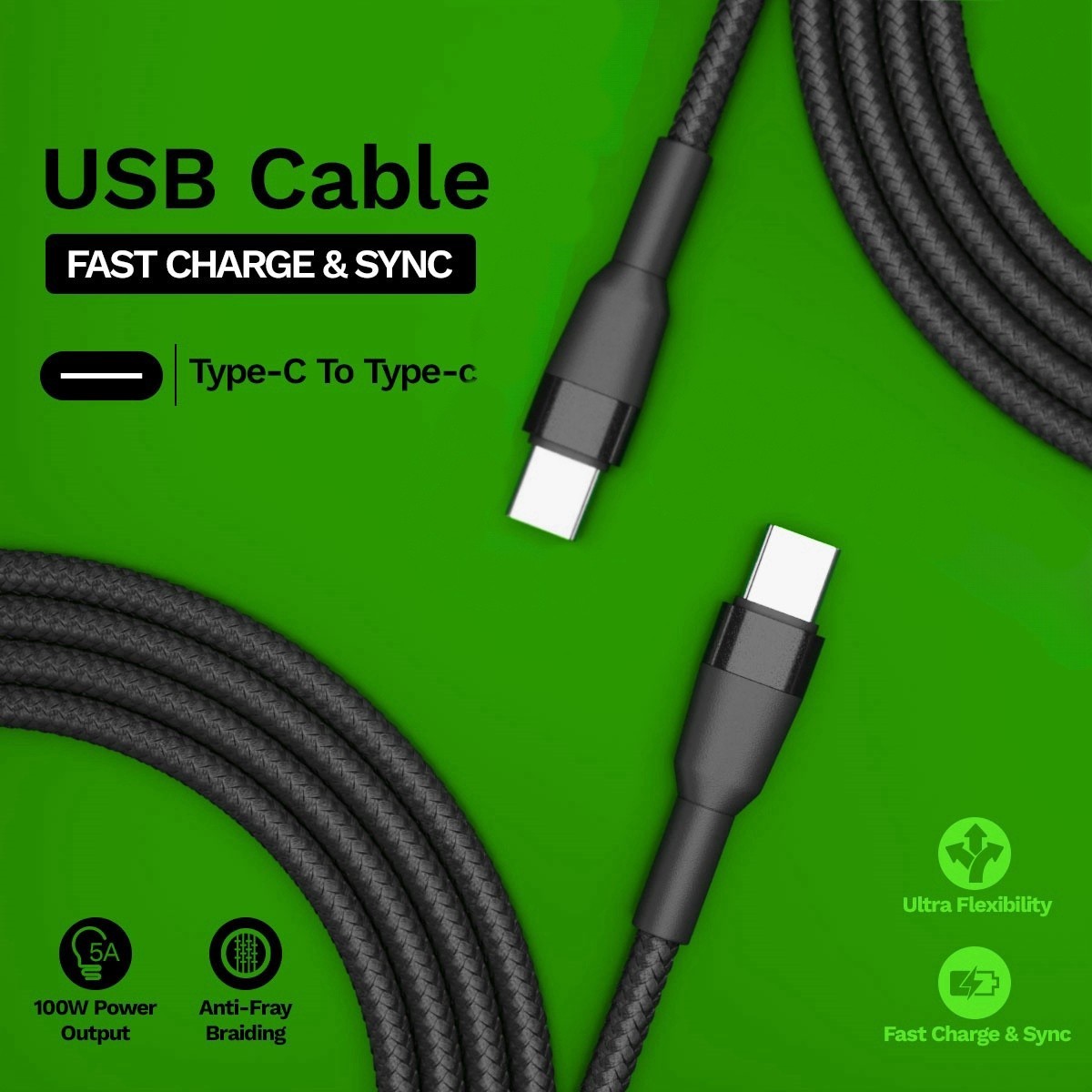 5-Pack 100W PD USB-C to USB-C Dual-Braided Super Fast Data Charging Cables 5 ft