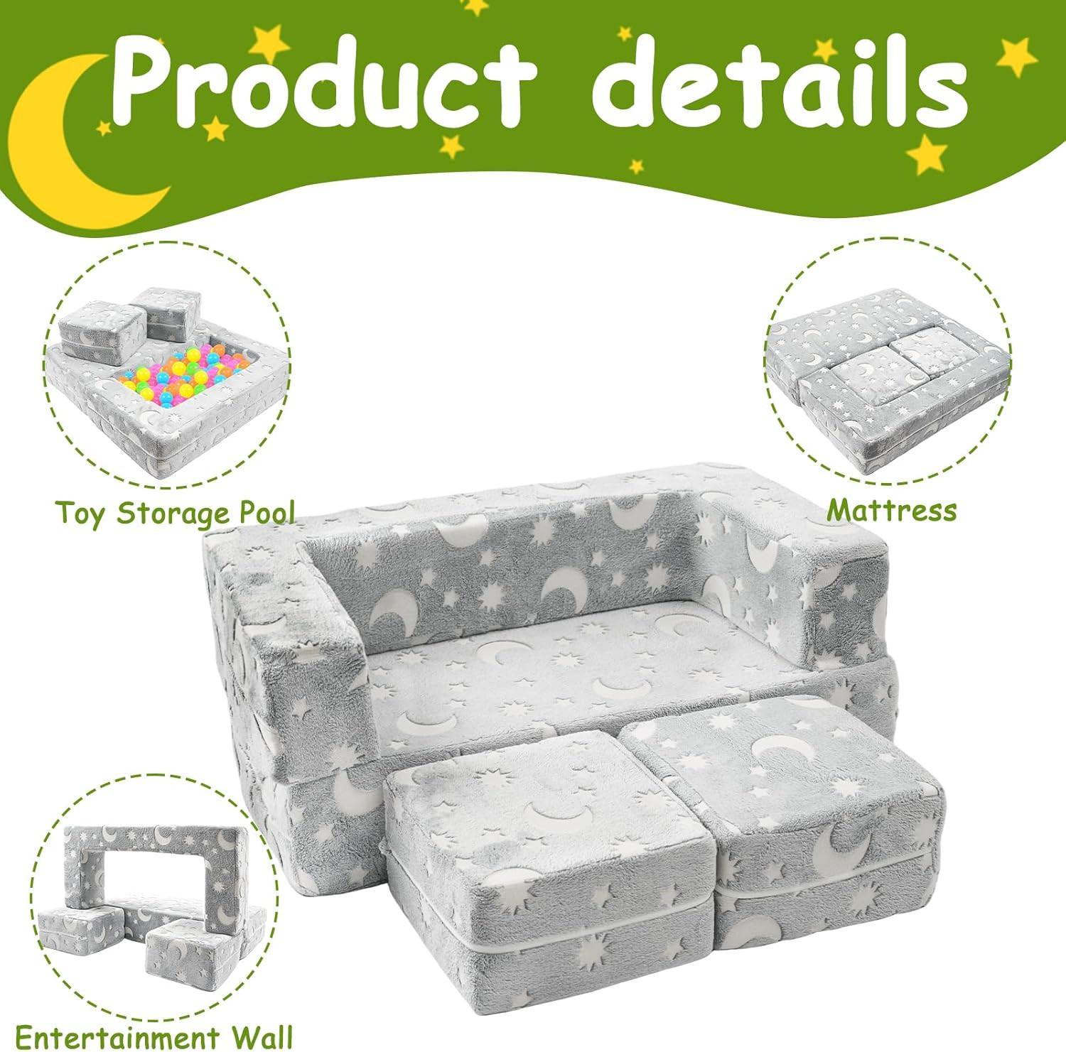 Kids Couch, 4Pcs Toddler Couch Sofa Bed, Glow-In-The-Dark Kids Chair Seat Playro