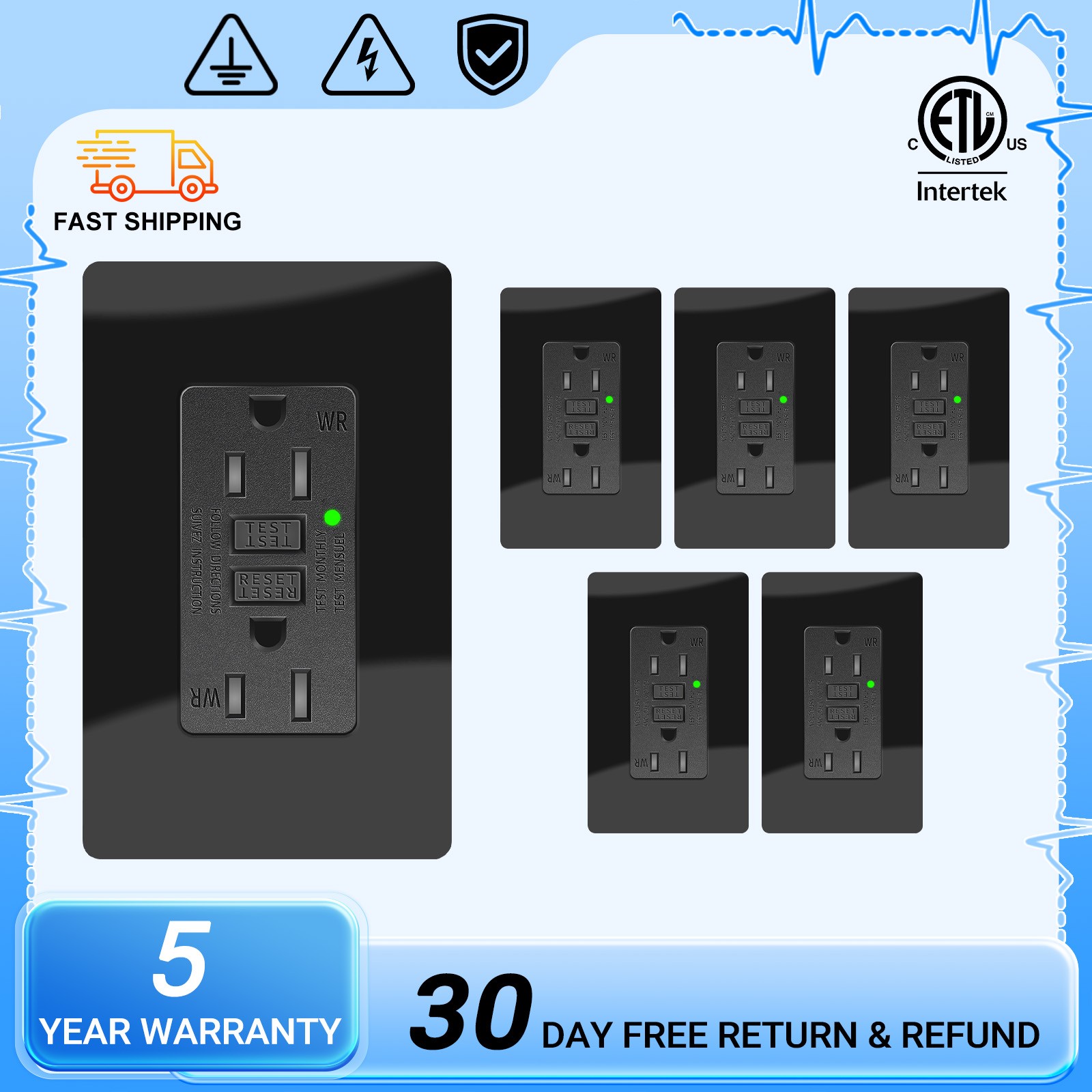 6× Black 15A GFCI Outlet Shock/Fire Protection WR TR ETL Listed LED Indicator