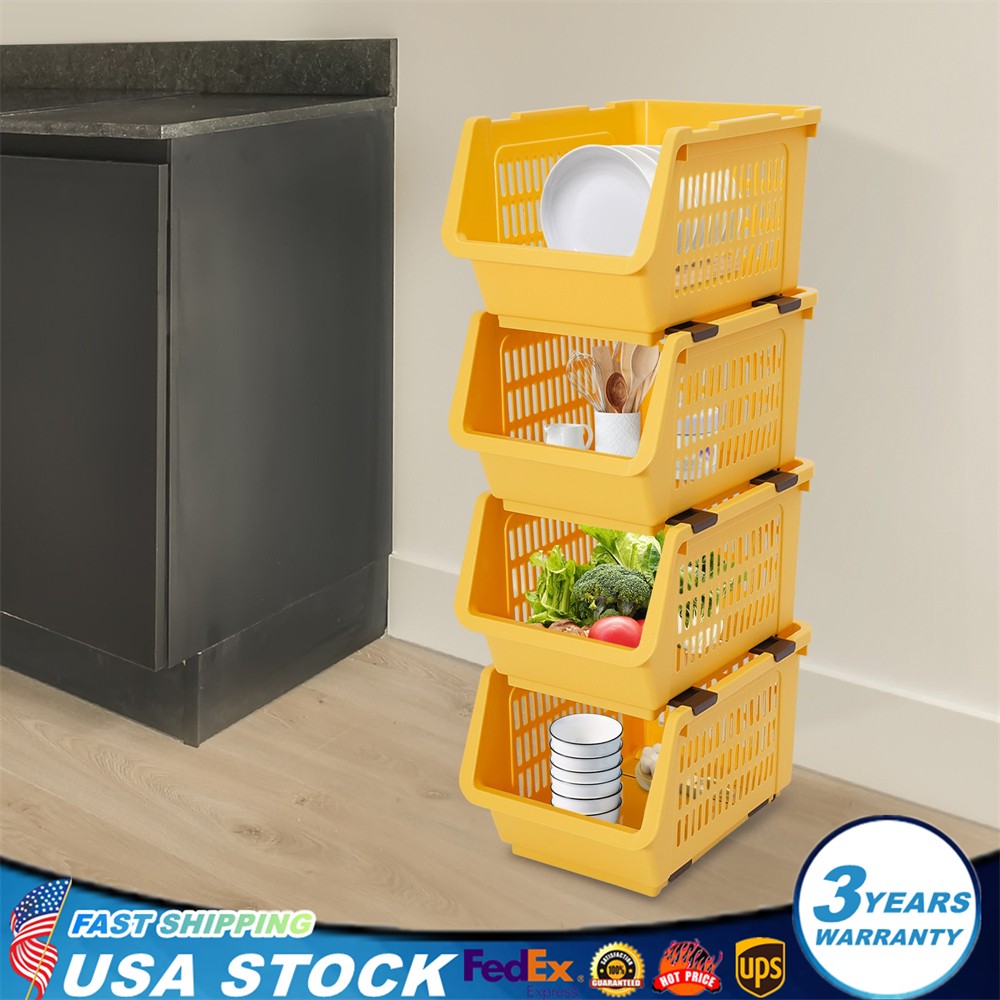 Stackable Plastic Storage Bins 4PC Yellow – Space Saving Organizer Set